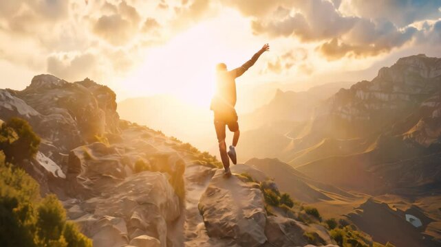 A man stands triumphantly on a mountain peak, arms outstretched, Embrace the excitement of a new chapter in your professional journey