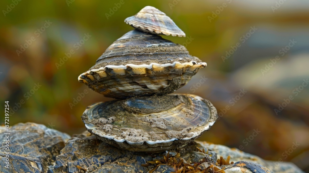 Poster close up of mussel shells stacked on top of each other resembling a small mountain range.