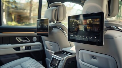 A close-up of the rear seats in a modern SUV, featuring two built-in entertainment screens for passengers.