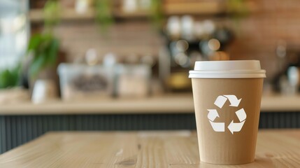 Eco-friendly disposable coffee cup with recycling symbol in modern coffee shop setting, promoting sustainability and environmental mindfulness.