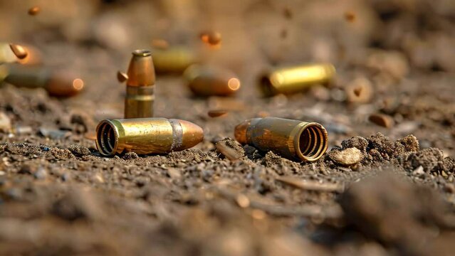 Various bullets and shell casings scattered on the ground in a chaotic arrangement, Empty shell casings littering the ground