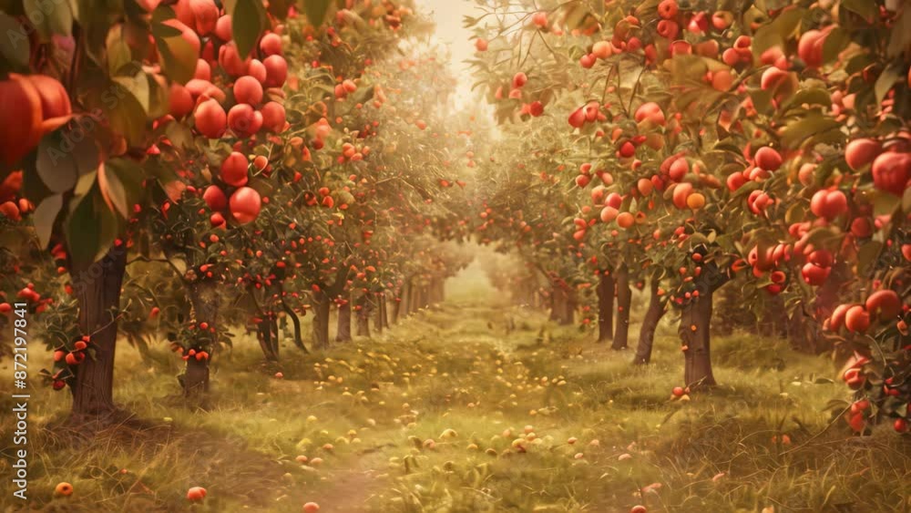 Poster an apple orchard with neat rows of vibrant red apples on the trees ready for harvest, enchanting app