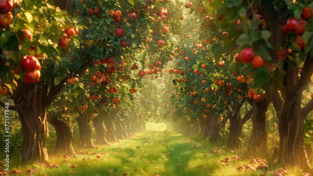 Aufkleber rows of apple trees in an orchard with fallen ripe apples on the ground, enchanting apple orchard wi