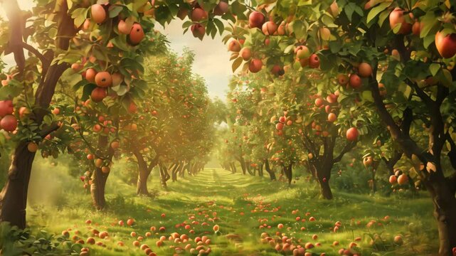 Rows of apple trees heavy with fruit in a vibrant orchard setting, Enchanting apple orchard with rows of trees heavy with fruit