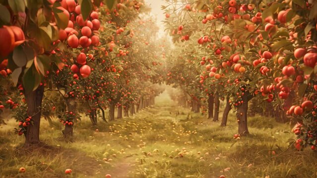 An apple orchard with neat rows of vibrant red apples on the trees ready for harvest, Enchanting apple orchard with rows of trees heavy with fruit