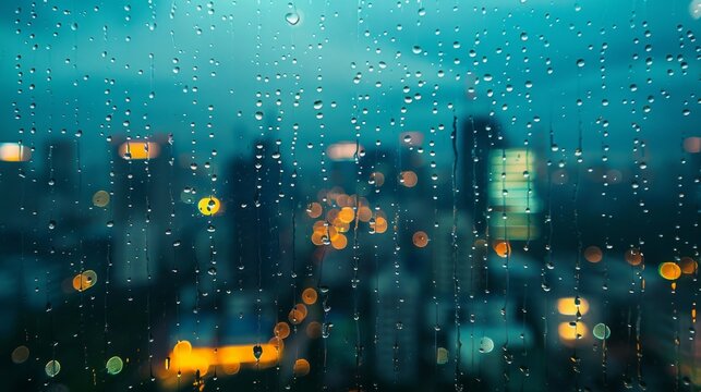 city skyline at night seen through raindrops on window, rainy day, bokeh lights, dark blue - Powered by Adobe