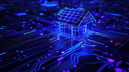 Digital house with solar panels on a blue circuitry background