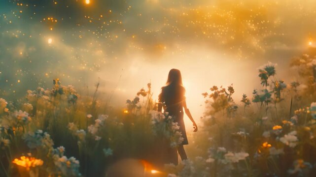 A woman wearing a cloak walks through a field filled with colorful flowers, Enchanting fairytale landscapes with magical elements