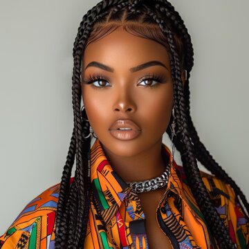 Stunning black women with long medium black knotless braids black hair long full eyelashes beautiful brown eyes high cheek bones, full face, colorful clothing