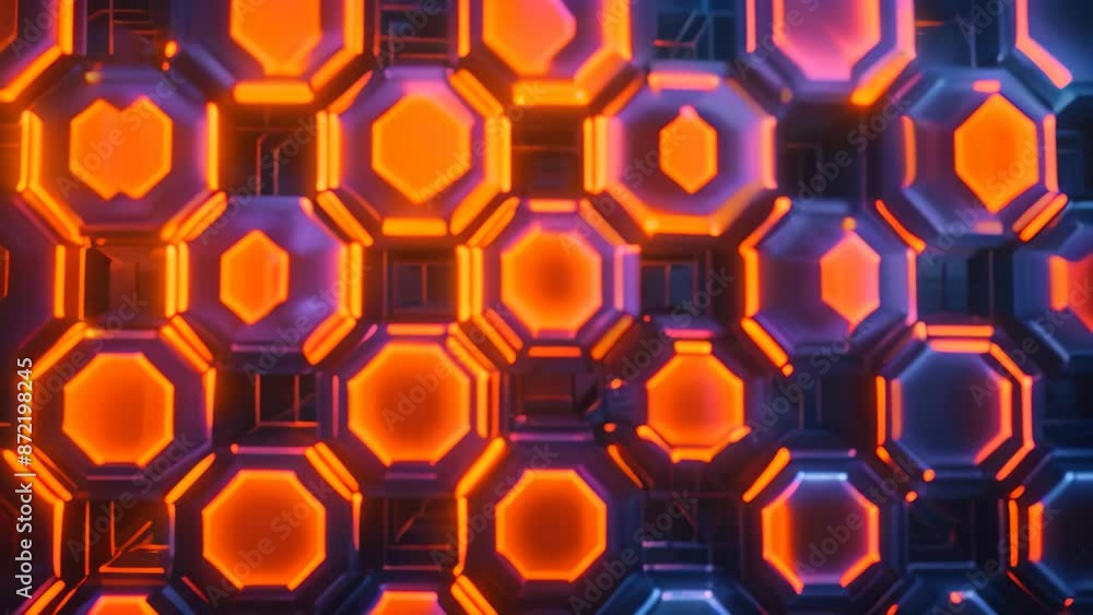 Poster futuristic background with orange and blue hexagons, engineer a visually compelling pattern composed