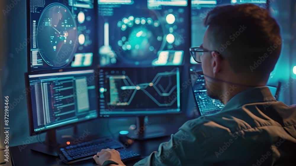 Poster a man sits at a desk with several monitors in front of him, monitoring and managing various tasks ef