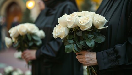  People in black clothes with white rose flowers outdoors, closeup. Funeral ceremony 