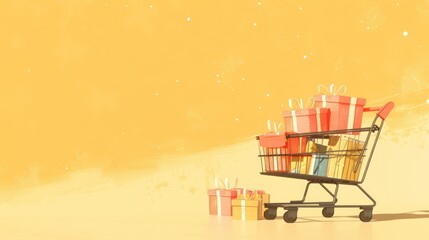 Shopping cart with piled gifts on yellow background, festive style.