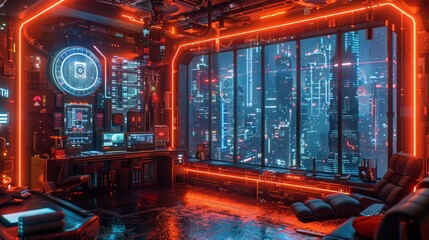 Obraz premium Futuristic Cyberpunk Workspace with City View - Generative AI