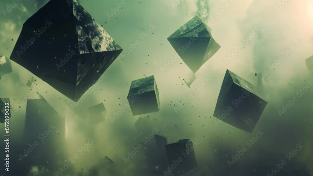 Poster several cubes hover in mid-air against a blank background, enigmatic symbols floating in a void