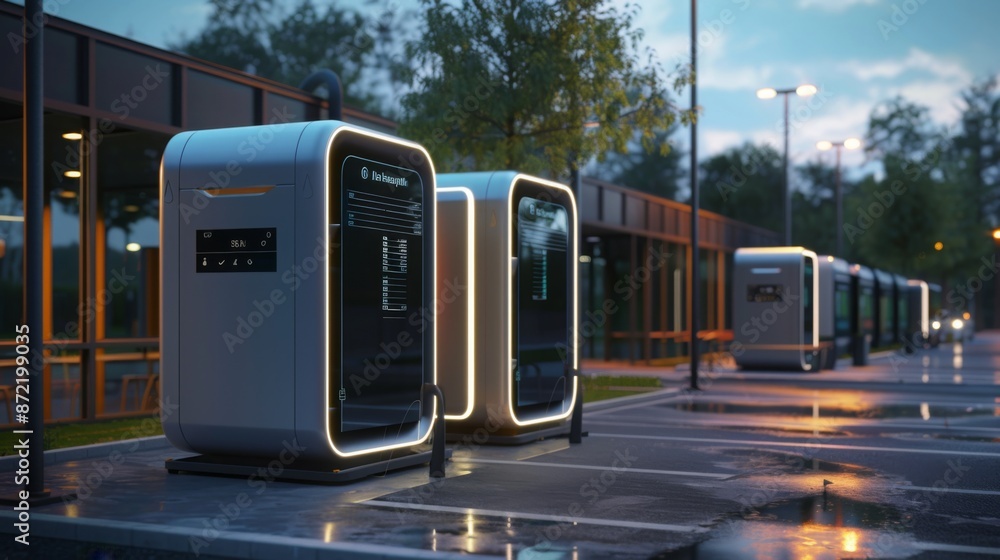 Poster a row of electric vehicle charging stations illuminated at night, showcasing a modern design with di