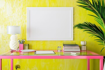 Contemporary workspace with a glass desk, bright pink decor, and a blank white frame on a bold yellow wall in a  format.