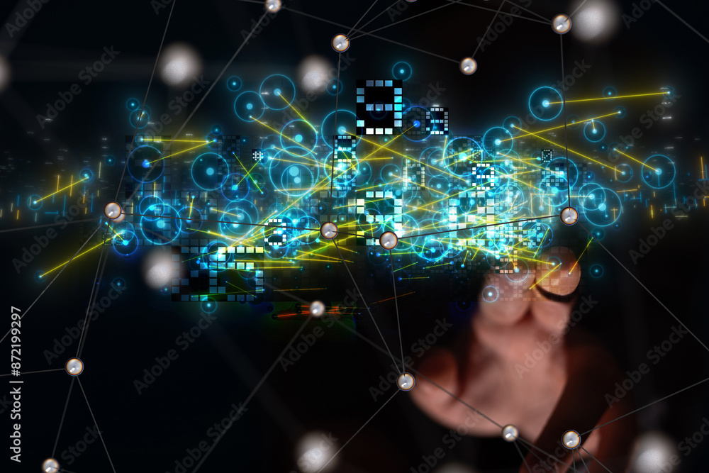 Poster Neural network 3D illustration. Big data and cybersecurity