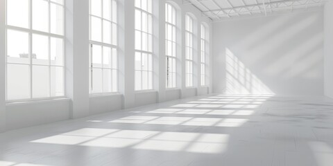 Obraz premium An empty room with large windows letting in bright sunlight, highlighting the spacious and clean interior.