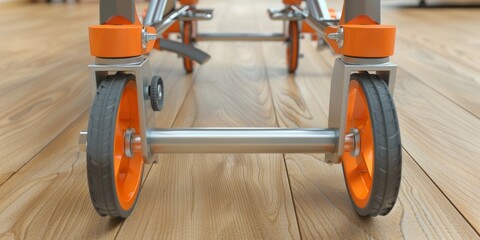 Closeup of Orange and Silver Rolling Casters on a Wooden Floor