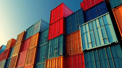 Fototapeta premium Colorful stacked shipping containers under a clear sky at sunset scene