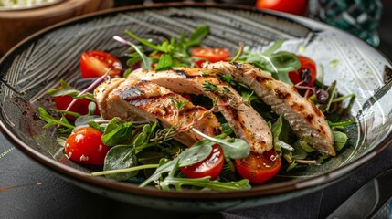 French cuisine. Chicken salad with chicory, cherry tomatoes.