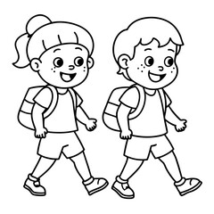 happy little kids going to school line art vector