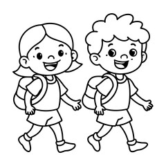 happy little kids going to school line art vector