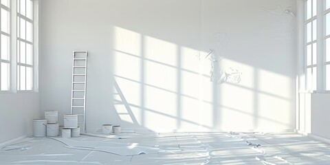 A sunlit room under renovation with painting supplies and ladders, capturing the process of home improvement.