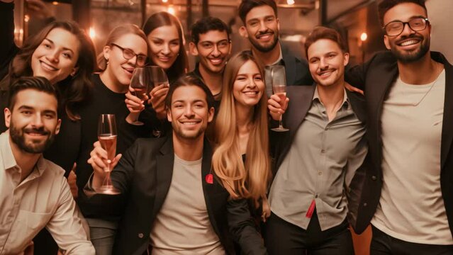 Entrepreneurs gather for a group photo in a restaurant, smiling and holding glasses, Entrepreneurs posing for a group photo with champagne in hand