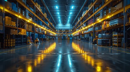 Obraz premium Modern Warehouse Interior with Bright Lighting - Generative AI