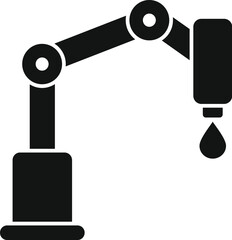 Simple black and white icon of a robotic arm dispensing a single drop of liquid