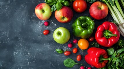 Colorful array of fresh fruits and vegetables on dark background.