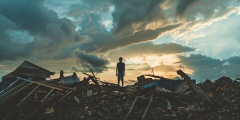 A person standing amidst the wreckage of their own despair