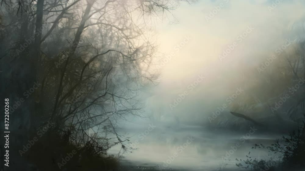 Poster a painting featuring a misty river with trees in the background during dawn, ethereal mist diffusing