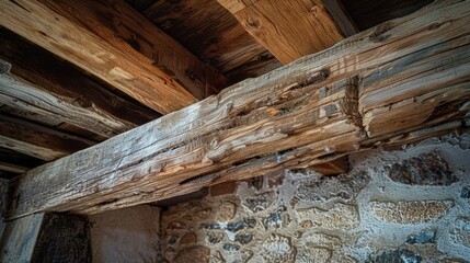 Hand-hewn wooden beams in an old barn, showing years of weatherin