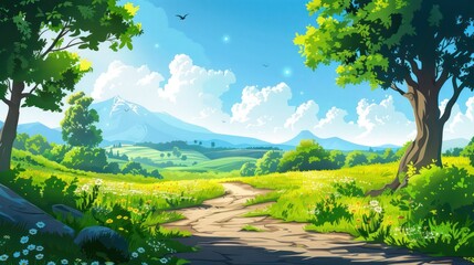 Serene landscape with vibrant greenery and distant mountains.