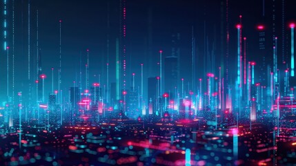 Abstract glowing big data forex candlestick chart over a cityscape at night. The image features bright blue and red data lines and bar graphs, symbolizing financial analysis and market trends.