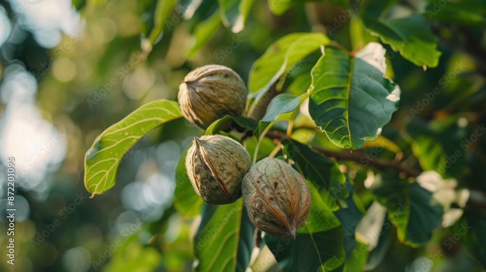 Poster a close-up view of three mature pecan nuts hanging from a tree branch. the nuts are still attached t