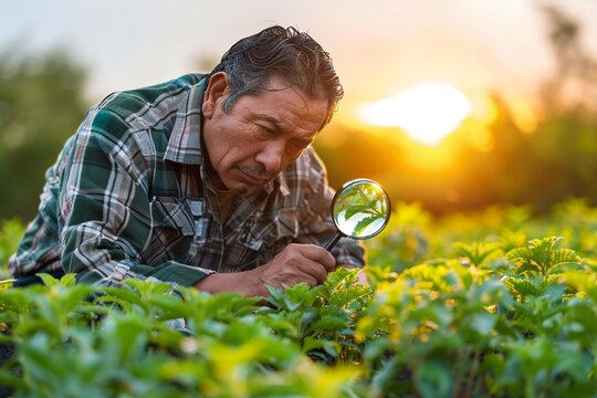 Full body photo of male Hispanic farmer inspecting hydroponic plants using magnifying glass at sunrise.