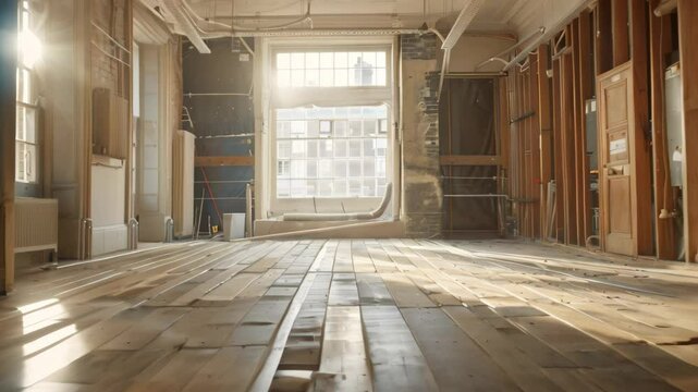 A room devoid of furniture, featuring a wooden floor, Examining the architectural impact of underfloor heating on the design of a traditional flat
