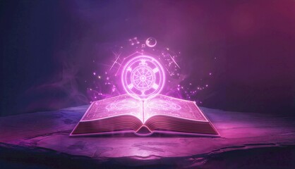 An open book with a magical glowing alchemy symbol on a dark background. Fantastic and mystical concept.