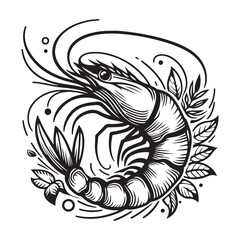New shrimp fish silhouette vector and logo style with white background and coloring book 