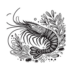 New shrimp fish silhouette vector and logo style with white background and coloring book 