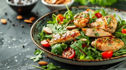 French cuisine. Chicken salad with almonds and coriander.