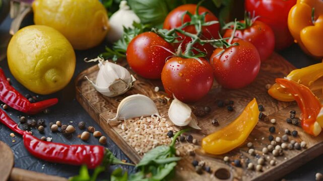 Various fresh vegetables and spices arranged neatly on a cutting board, Exotic ingredients and unique flavor combinations