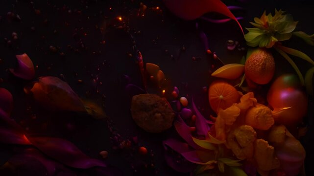 Various spices and herbs are displayed on a black background, showcasing their vibrant colors and textures, Exotic ingredients and unique flavor combinations
