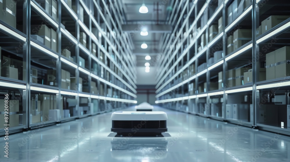 Poster an automated robot travels down an aisle in a modern warehouse. the robot is white with a black stri