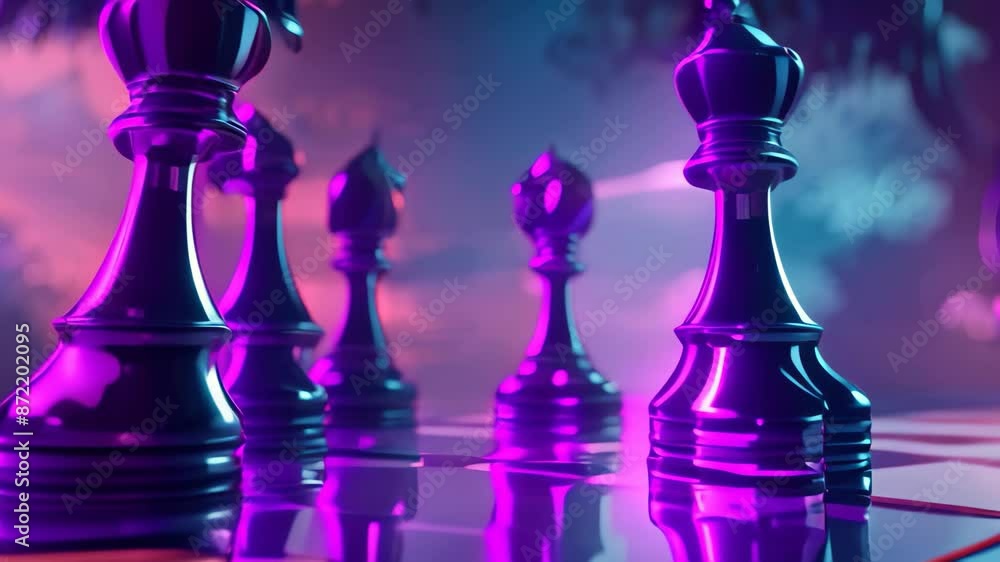 Poster various chess pieces placed on a chess board with vibrant background colors, experiment with contras