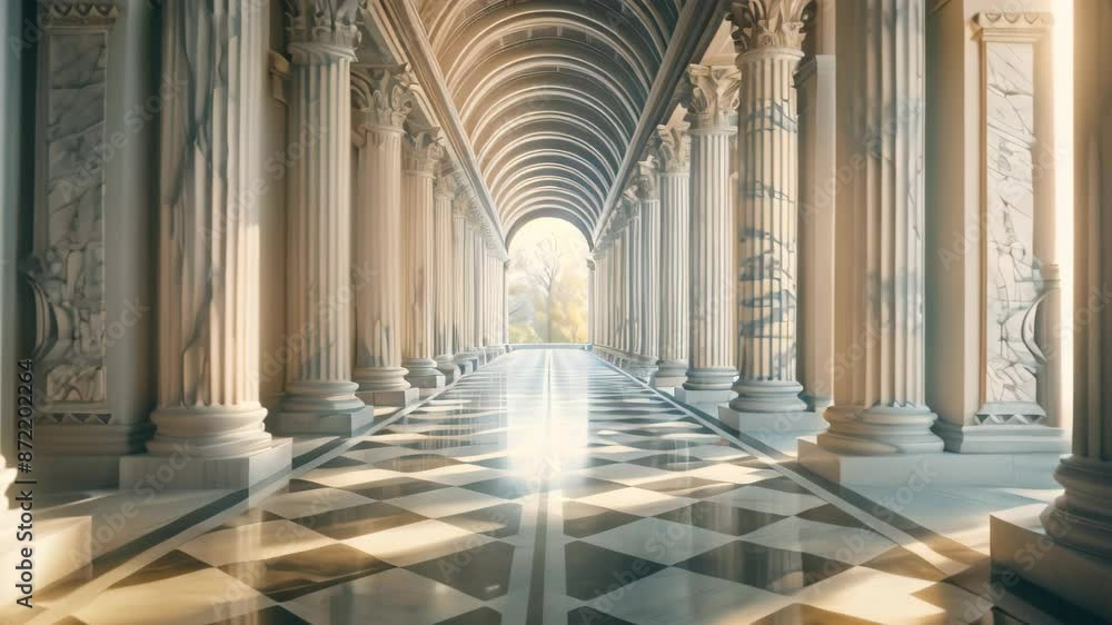Poster a hallway lined with sturdy columns and pillars, experiment with different textures and patterns to 